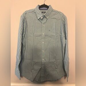 IZOD Men's Blue-Green Checkered Button down Shirt. Size Large.